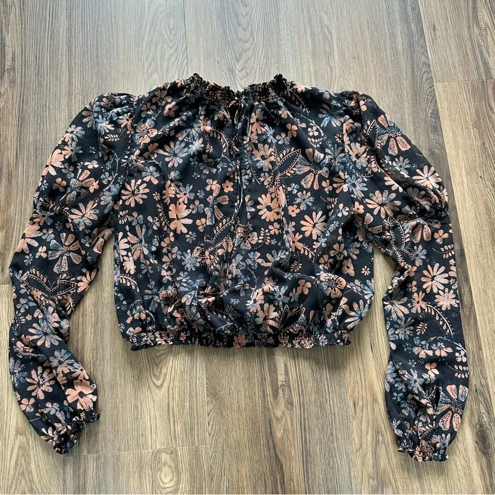 Free People Clarissa Floral Top XS Black Long Sleeve Ruffle High Neck Boho Fairy